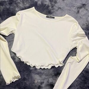 SHEIN Cream Ruffle Hem Long Sleeve Top